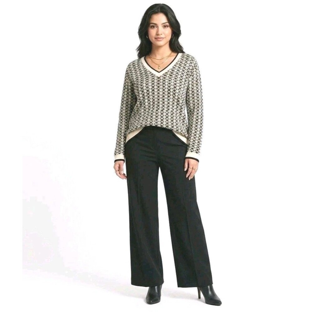 Adrianna Papell XL VNeck Sweater Black/Ivory/Cream Geometric Knit Pullover